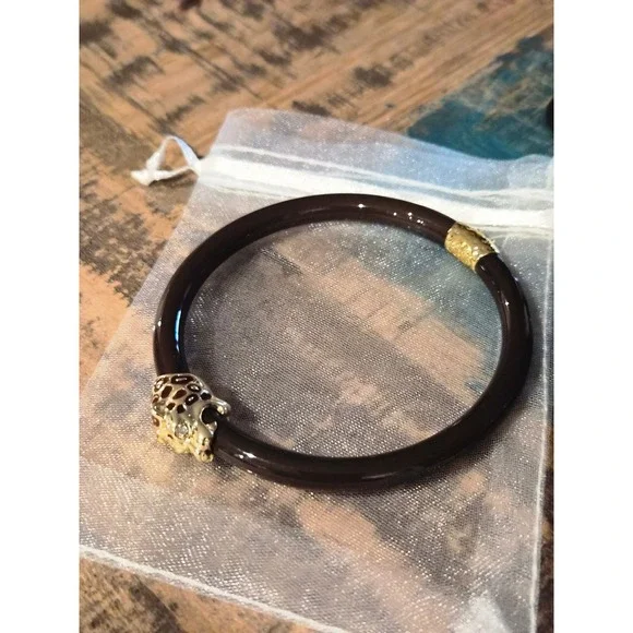 Budda Girl Brown Resin Leopard Bangle Bracelet Gold Tone Crystal Accent - Picture 4 of 4